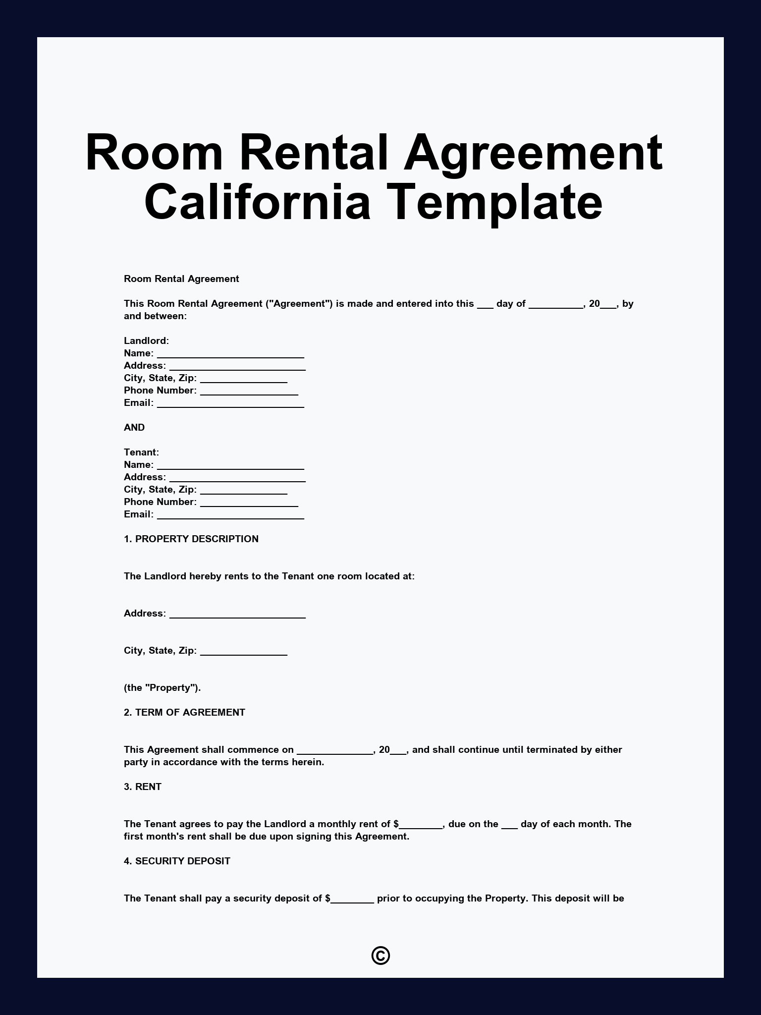 Room Rental Agreement California Template